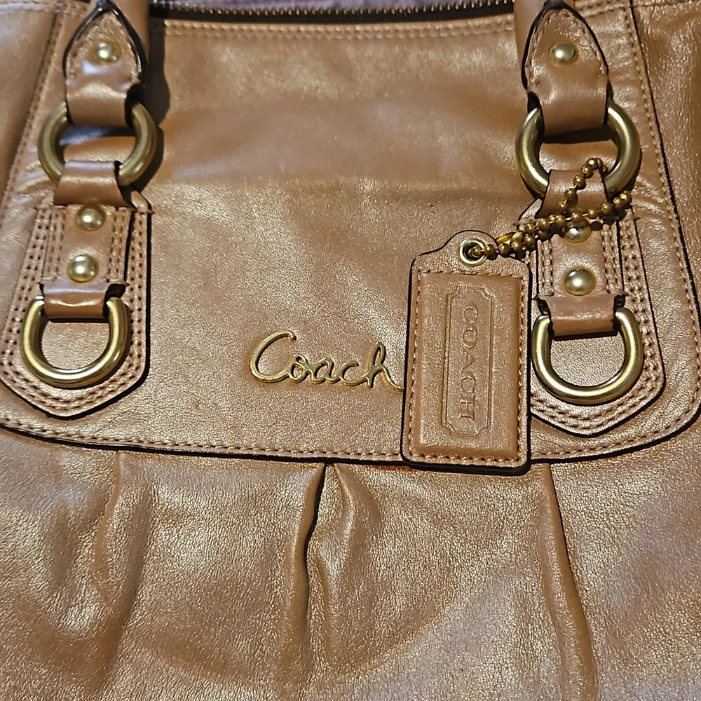 Coach Ashley Shimmery Tan Or Metallic Gold Bronze Leather Script Satchel F15447 - Picture 2 of 12